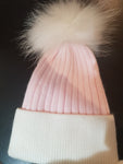 Pink and White Cashmere Hat with real Fur